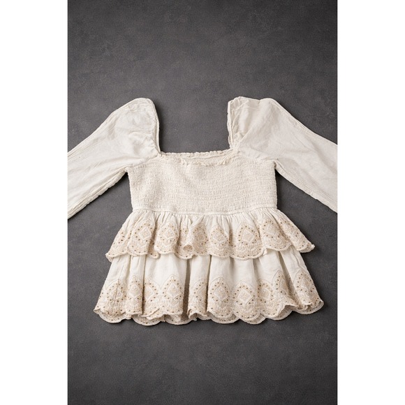 Vintage Boho Tops - America Eagle Boho Ivory Smocked Peplum Blouse Square Neck Long Sleeve Top